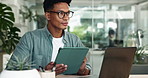 Man, tablet and designer in office for thinking, project management and brainstorming at laptop. Creative person, tech and idea in design agency for business growth, productivity or planning schedule
