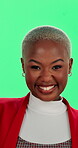 African woman, face happiness with green screen, smile and excited for promotion, fun or good news. Female person, portrait and peace sign as joy, goofy and dance on studio background for celebration