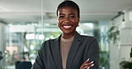 Confidence, face and arms crossed with business black woman in office for creative, magazine publication and pride. Happy, professional and brand manager with person agency for career startup