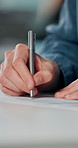 Documents, signature and hands of business person in office for planning, contract and paperwork. Agenda, application and writing with closeup of employee for agreement, checklist and policy proposal