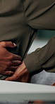 Fatigue, back pain and hands of business person in office for stress, burnout and arthritis. Muscle injury, overworked and accident with closeup of employee for tired, frustrated or tendinitis