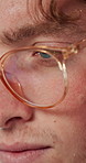 Glasses, reading and research with business man in office for reflection, idea and planning. Vision, inspiration and frames with closeup of eyes of person in agency for lens, perception and review 