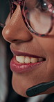 Customer service, call center and woman with headset talking for consulting, helpline and contact. Professional, telemarketing and closeup of worker for CRM support, communication and online sales