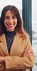 Crossed arms, business and face of happy woman in office smile for about us, pride and professional job. Company administrator, corporate and portrait of person with confidence, ambition and career