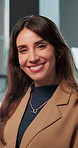 Face, meeting and happy with business woman in office for professional, corporate and workshop. Financial advisor, treasury manager and risk analysis on company with person for pride and review