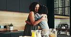 Hug, mother and girl in kitchen, smile and bonding together with love, embrace and happiness. House, family and parent with mama, daughter and cheerful with weekend break, care and support with kid