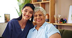 Face, nurse and old woman on sofa with senior care, support or smile in lounge at nursing home. Homecare, elderly person and happy caregiver embrace on couch for healthcare service in living room