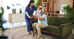 Help, walking stick and nurse with old woman in living room for rehabilitation, support and caregiver. Occupational therapy, trust and healthcare with senior person with a disability in nursing home