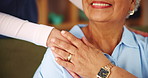 Hands, shoulder and nurse with old woman in living room for retirement, elderly care or caregiver. Occupational therapy, support and healthcare with senior patient in nursing home for medical advice