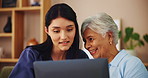 Home, nurse and old woman with laptop, help and conversation with website information. Pensioner, medical and caregiver with computer, mature patient and application for life insurance and connection