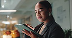 Office, thinking and woman with tablet for search, business plan or checking online schedule ideas. Scroll, typing and businesswoman on digital app for web management, communication or networking