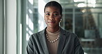 Face, business and black woman with smile in office, confidence and career ambition. African person, economy analyst and employee in workplace, proud and financial advisor with happiness and joy