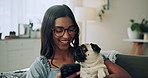 Home, dog and woman with smartphone, hug and social media with connection. Typing, apartment and girl with app, best friends and pet with cellphone, message to contact and content creator in lounge