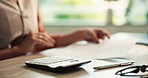 Hands, documents and calculator as accountant with payroll, investing and audit for finance agency. Person, bookkeeping and corporate taxes for loan, paperwork and review as asset management for bank