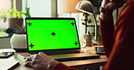 Laptop, person and green screen with tracking markers, mockup space and phone call as ux. Hands, technology and connect in ui, network and internet for online, website or communication in home office