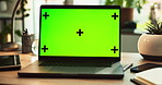 Laptop, home office and green screen with tracking markers, mockup space and branding as ux. Person, technology and connect in ui, network and internet for online, website and communication in house