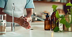 Kitchen, person and hands with foam for washing, cleaning bacteria and wellness before cooking. Faucet, closeup and cook with tap water for hygiene, germs prevention or virus safety with soap at home