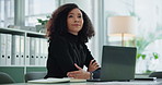 African woman, thinking and investment growth employee with idea and laptop of stock marker consultant. Solution, morning and office with planning and decision for revenue investing at corporate job