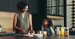 Mother, kid and cooking breakfast in kitchen with organic cereal, wheat nutrition and communication. Woman, girl and healthy food with ingredients, bonding together and fibre meal for growth at house