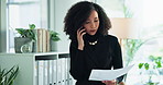 Business woman, financial advisor or phone call with document for debt review, finance report or advice at office. Female person, consultant or accountant talking with paperwork for bills or expenses