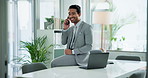 Business man, laptop and phone call with finance consultant and networking in office. Accountant, mobile and financial admin for investment opportunity and conversation for stock market growth
