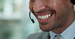 Mouth, man and smile at call center as customer agent on sales for insurance cover or life policy. Male person, office and happy with headset for telemarketing, advice and support as employee