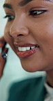 Business woman, consultant and face with headset for telemarketing, consulting or online advice at office. Closeup, female person or agent talking with mic for customer support, telesales or helpdesk