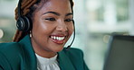 Talk, customer service and woman in call center for help, business advice or support. Sales agent, telemarketing and happy African consultant in conversation for lead generation, crm and contact us
