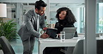 Meeting, collaboration and tablet with business people, discussion and lawyer and case management. Conversation, professional and legal administration with information and planning at law firm