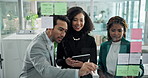 Meeting, tablet and glass wall for planning, discussion and sticky notes for erp report brainstorming. Man, women and moodboard for business, teamwork or collaboration for partnership or b2b project