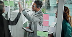 Meeting, high five and glass wall for success, planning and sticky notes with tablet for erp report. Man, women and celebration for business, teamwork or collaboration for partnership or b2b project