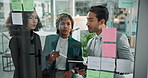 Meeting, tablet and glass wall for brainstorming, discussion and sticky notes for erp report planning. Man, women and management for business, teamwork or collaboration for partnership or b2b project
