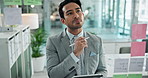 Tablet, strategy and thinking with business man in office for planning or problem solving on window. Agenda, mindmap and sticky notes with corporate employee at work for brainstorming or schedule