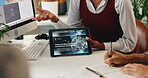 Hands, tablet and workforce trends with employee team in office for education, meeting or planning. Collaboration, development and infographic on screen with business people in workplace together