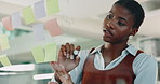 Business, sticky note and black woman in office, planning and brainstorming with ideas for project. African person, journalist and employee in workplace, creativity or ideas for proposal or research