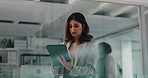 bUsiness, glass and woman with tablet, thinking and connection with research for project. Employee, agency and consultant in modern office, solution and website info with problem solving and tech