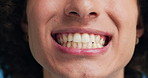 Person, mouth and smile in studio for dental wellness, tongue and playful in closeup for health. Lips, happy and zoom for teeth whitening with oral hygiene, cleaning or results for transformation