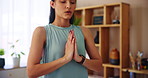 Breathing, meditation and woman with hands together, yoga and pilates training with exercise. Person, house and girl in lounge, closeup or balance with energy, chakra and zen with workout and fitness