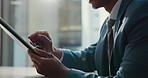 Typing, tablet and hands of business man in office for website, research and online project. Corporate, professional and worker on digital tech for financial planning, budget proposal and networking