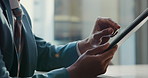 Corporate, tablet and hands of businessman in office for website, research and online project. Finance consultant, professional and worker on digital tech for planning, proposal and company budget