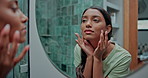 Skincare, grooming and montage with woman in bathroom for cleaning, makeup and hygiene. Beauty, cosmetics and water with person and washing sequence at home for hair care, dermatology and soap