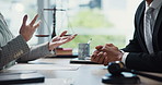 Hands, attorney and discussion with paperwork in office, reading and review with compliance at company. People, lawyer and documents with consultation, contract and feedback at corporate law firm