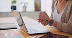 Business woman, hands and wrist pain with laptop for injury, strain or overworked on office desk. Closeup, female person or journalist with carpal tunnel syndrome for joint inflammation or arthritis