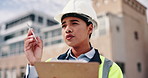 Woman, civil engineer or inspection with clipboard in city for architecture or industrial development. Female person, contractor or building inspector with checklist for construction or planning