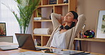 Typing, stretching and woman in home office with laptop, headphones and notes for business plan. Relax, deadline and freelancer at desk with data analysis, remote work and research for online project