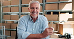 Face, supply chain and mature man with boxes, confident and inventory of stock, happy and warehouse. Cargo, logistics and person with goods for shipping, entrepreneur and business in factory and USA
