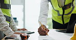Hands, architect and floor plan with team for sketch in office, design and paper at construction company. People, engineer and documents with blueprint, drawing and laptop for property expansion