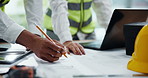 Hands, architect and blueprint with team for drawing in office, design and paper at construction company. People, engineer and documents with floor plan, sketch and laptop for property expansion