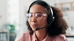 Call center, woman and talking on microphone with customer service, financial inquiry and banking limit increase. Inbound consultant, headset and friendly assistance for client account update and FAQ