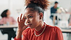 Headache, stress and woman in office, creative and worry for deadline, copywriter and burnout in work. Thinking, fatigue and person with brain fog for article, migraine and ideas for project and pain